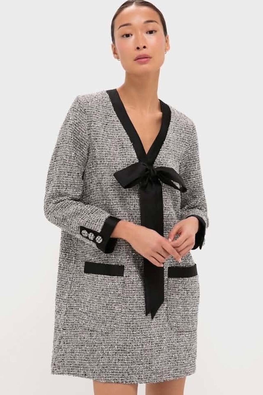POMANDER PLACE Silver Coco Tweed Bow Dress Size L NWT Retail $168